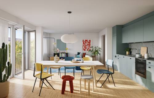 offener Wohnbereich mit Küchenzeile einer Mietwohnung in Basel, Kleinhüningeranlage